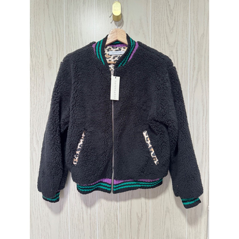 Daydreamer Womens Sherpa Bomber Jacket Black Leopard Print Fleece Zip Up NWT